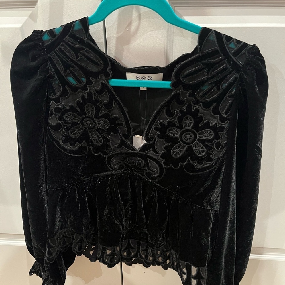 NWT SEA Dana tulle-trimmed embroidered velvet long sleeve blouse top black S - Picture 5 of 7